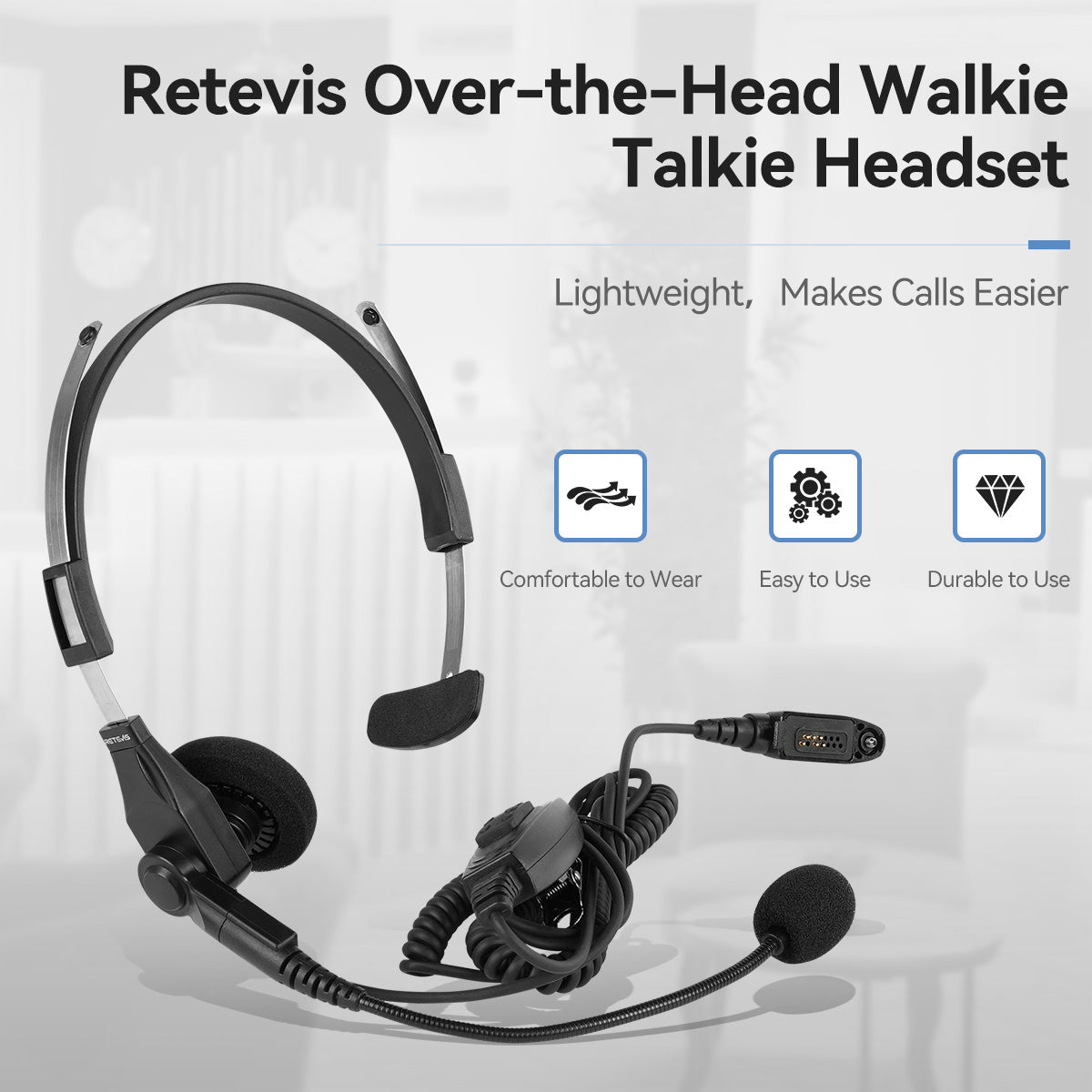 Retevis Over The Head Single Muff Lightweight Headset For Motorola GP328Plus Radios