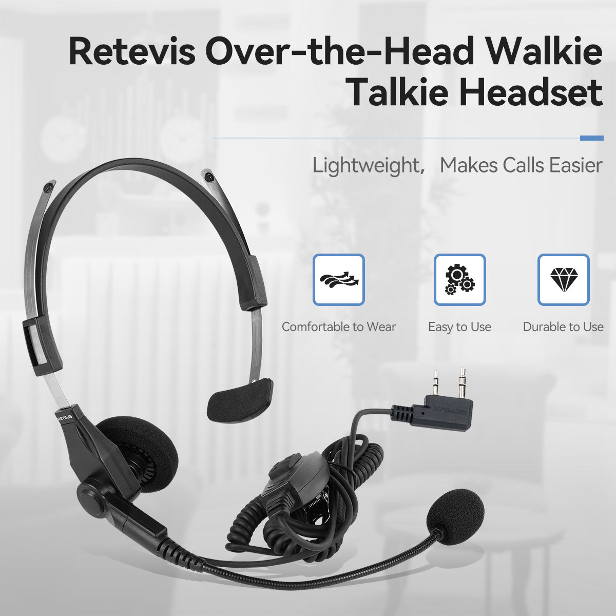 Retevis Over The Head Single Muff Lightweight Headset For Kenwood 2Pin Radio