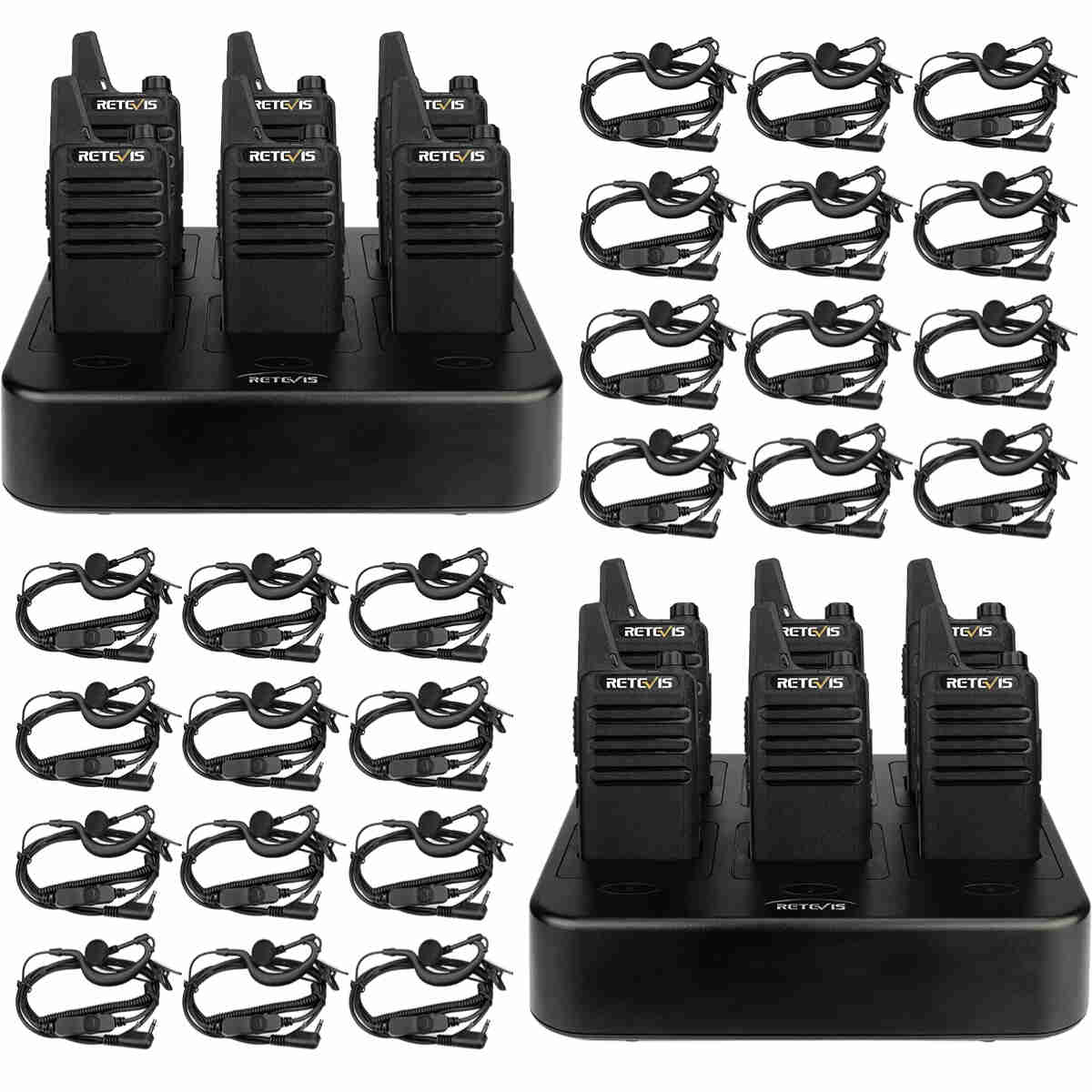 Retevis RT22 Small Walkie Talkie (12PCS) with 24 Earpieces and 2 Six-Way Chargers