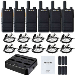 RT22P Compact FRS Walkie Talkie 6PCS with Earpieces and 6-Way Charger