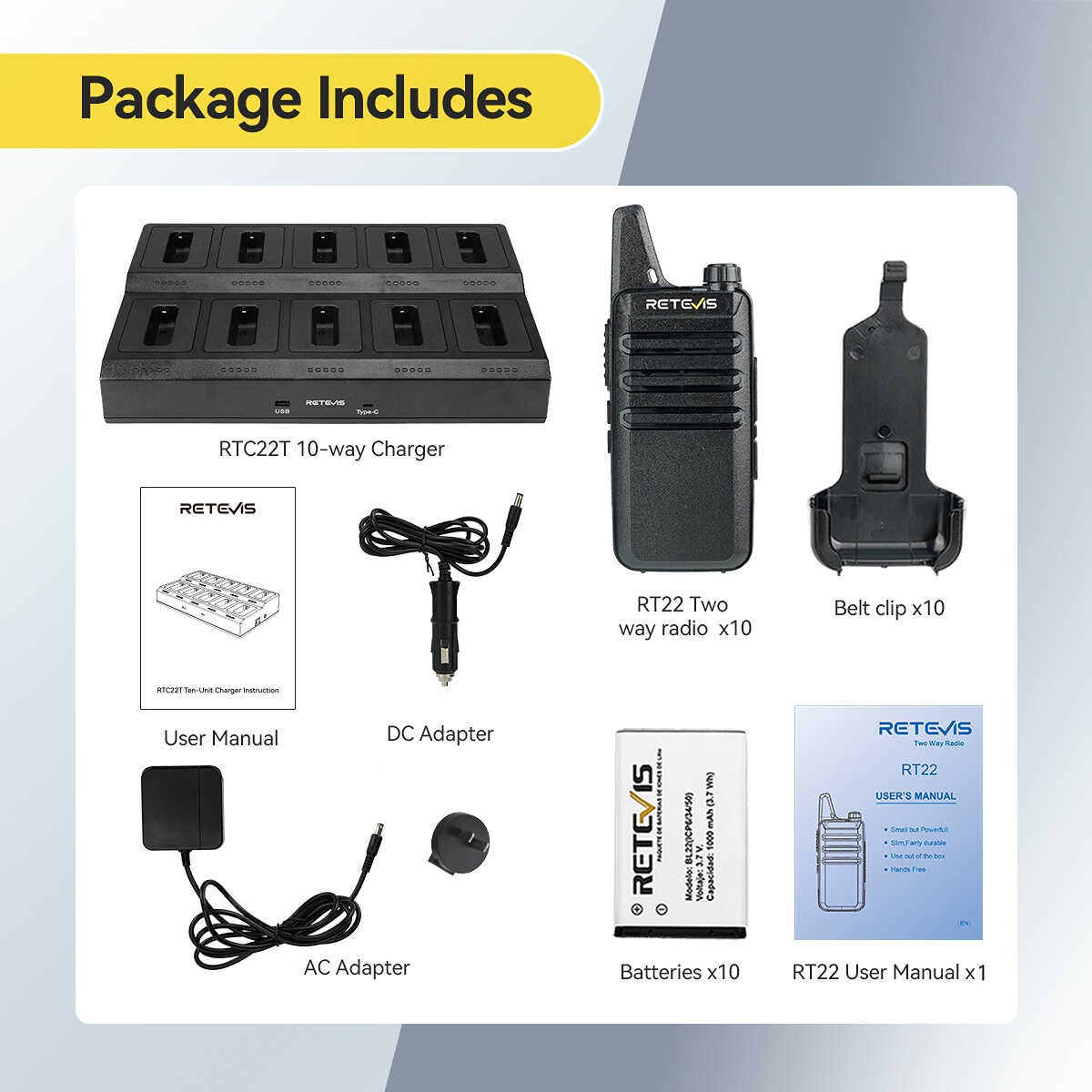 Retevis RT22 Rechargeable Mini 2 Way Radio (10PCS) with 10-Way Charger