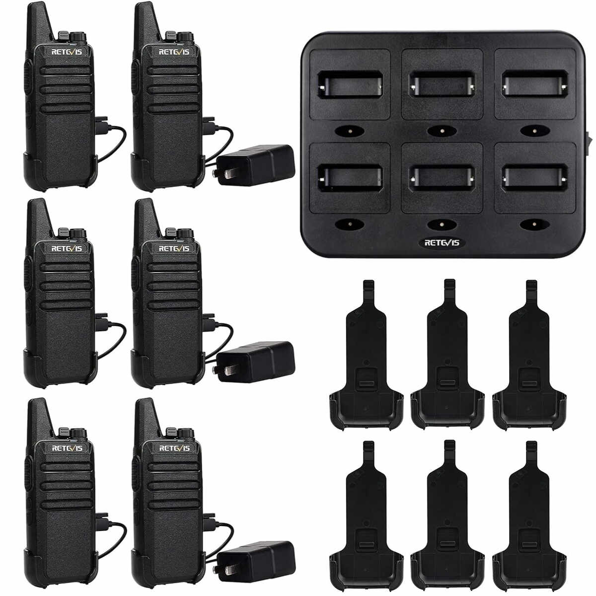 Retevis RT22 Mini Walkie Talkie (6PCS) with 6-Way Charger and 2-Port Adapters