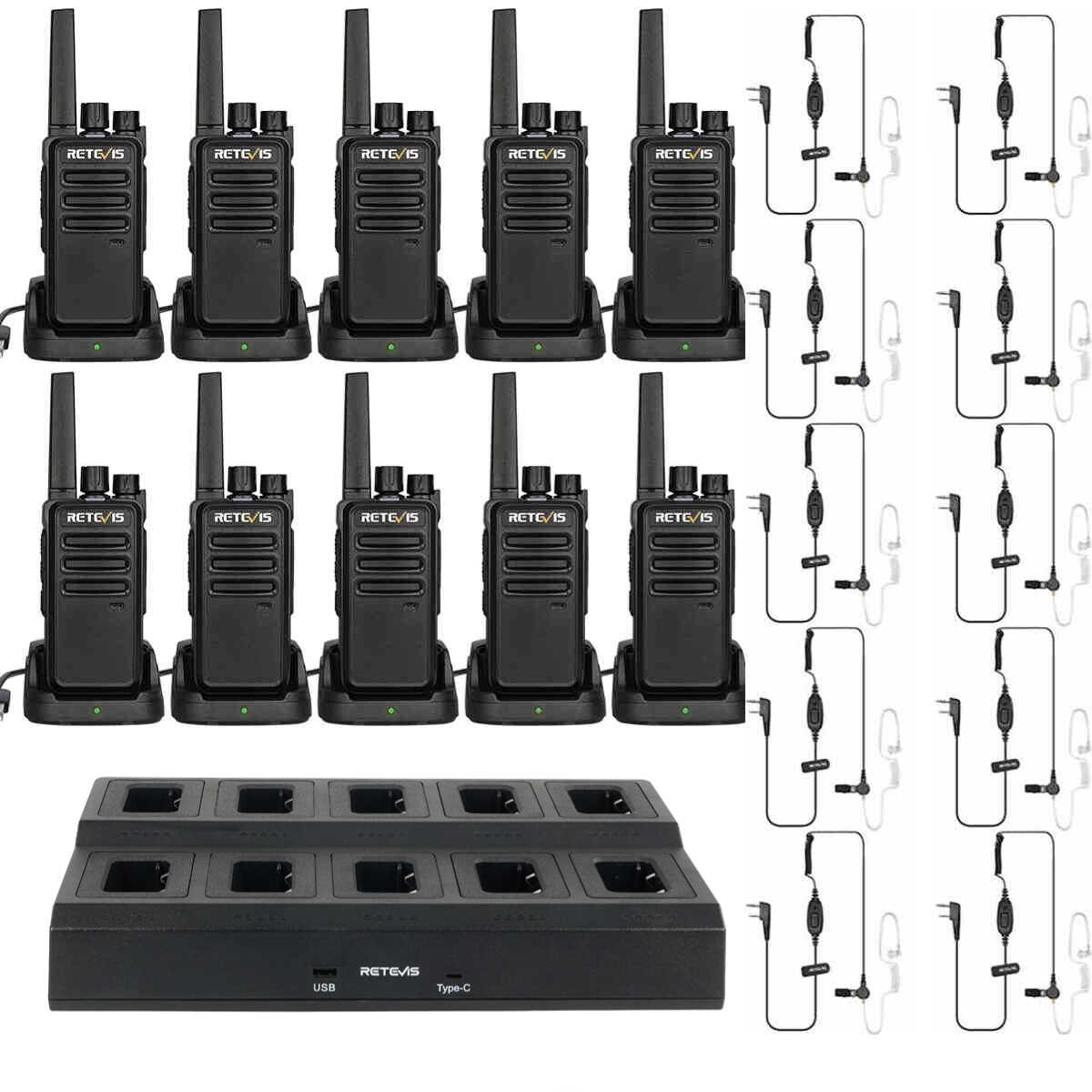 Retevis RT68 Rugged Business Walkie Talkie 10PCS with Earpieces and 10-Way Charger