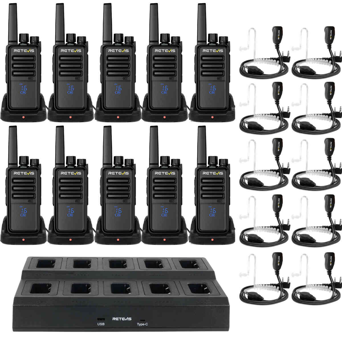 Retevis RT68H Hands Free Walkie Talkies with Earpiece (10PCS) and 10-Way Charger