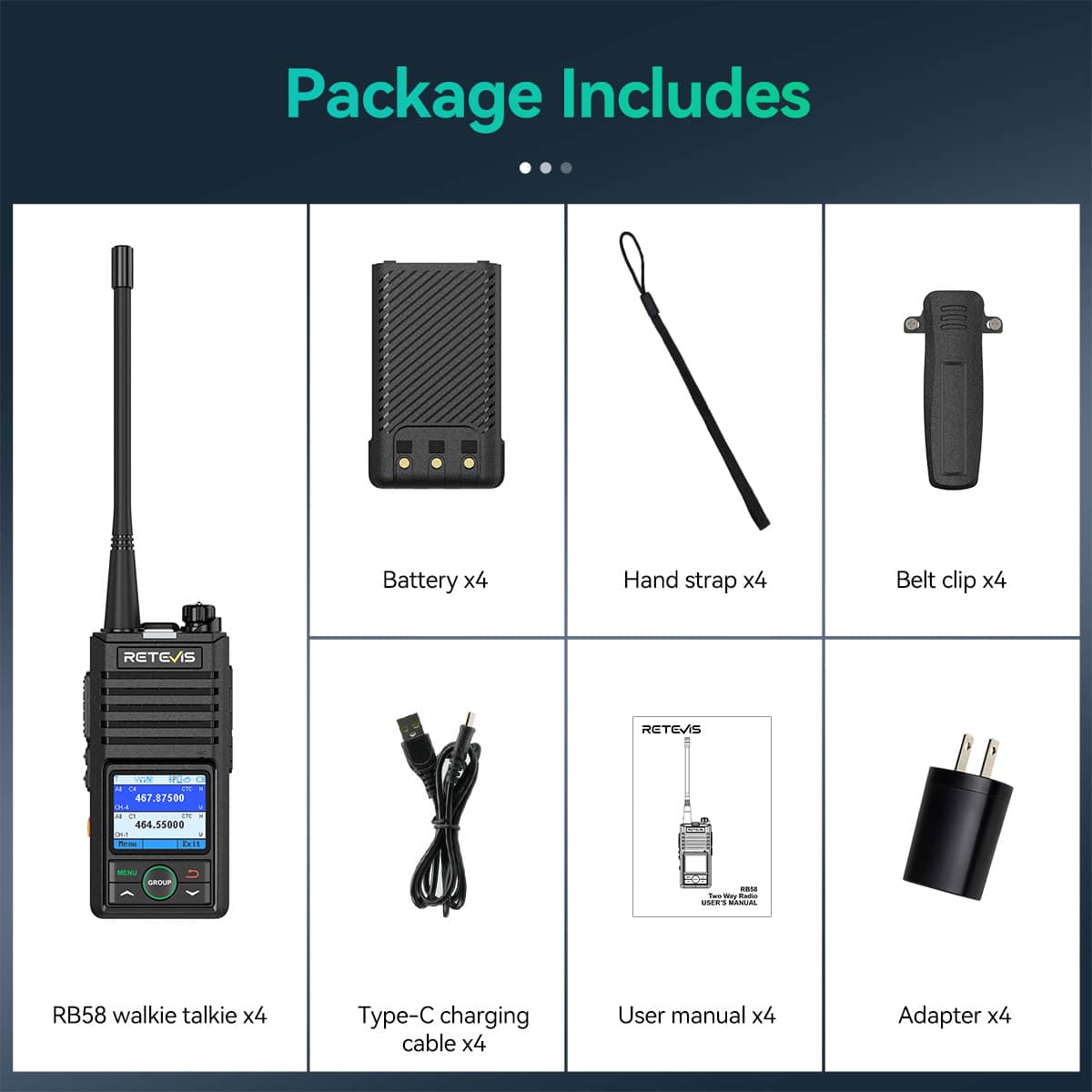 RB58 Bluetooh APP Programming Rechargeable Walkie Talkie 4 Pack