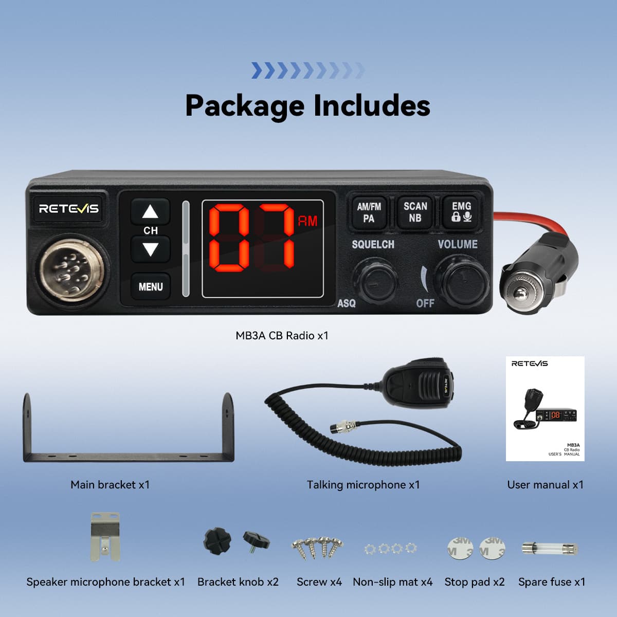 Retevis MB3A Dual-Mode AM/FM CB Radio With Automatic Noise and Antenna