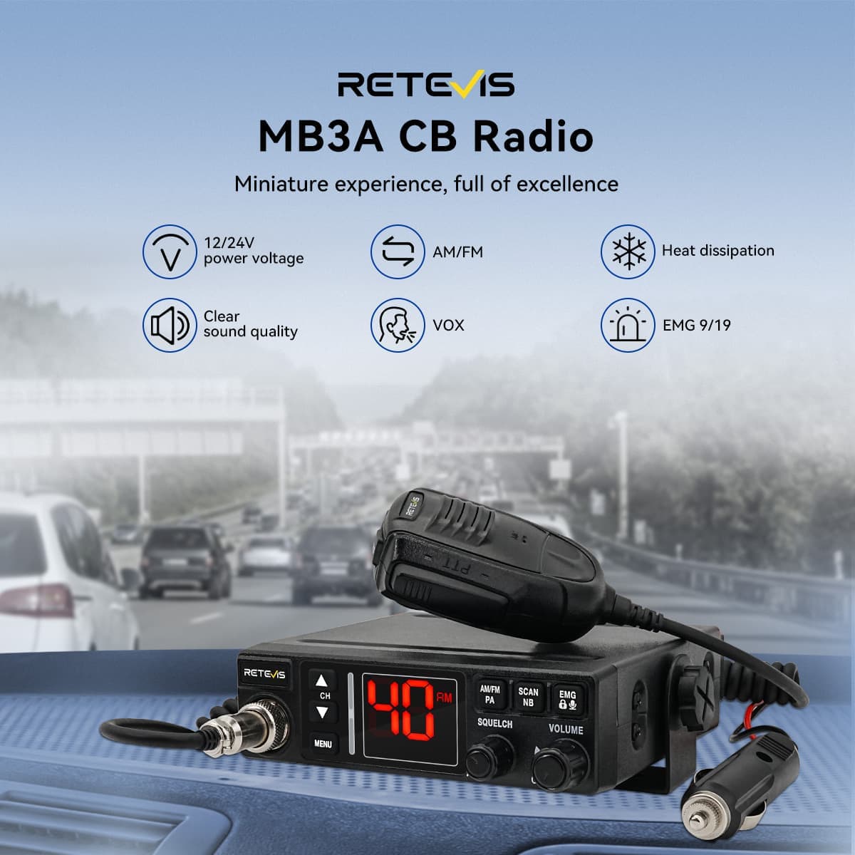 Retevis MB3A Dual-Mode AM/FM CB Radio With Automatic Noise and Antenna