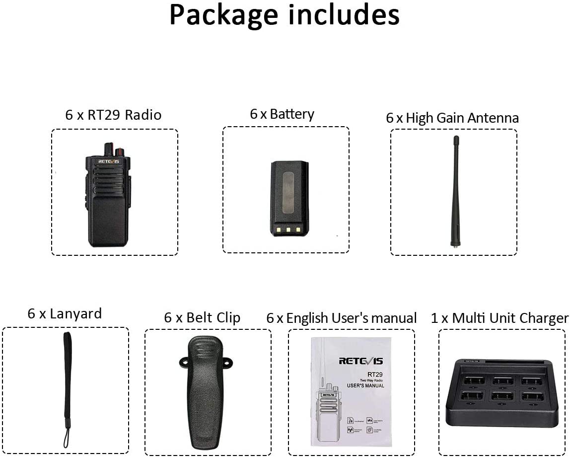 RT29 VHF High Power Long Range Walkie Talkies (6 Packs) with Multi-Unit Charger