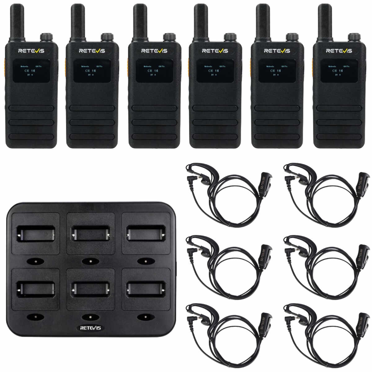 B3S Mini FRS Portable 2 Way Radios (6 PCS) + Earpieces + 6-Way Charger