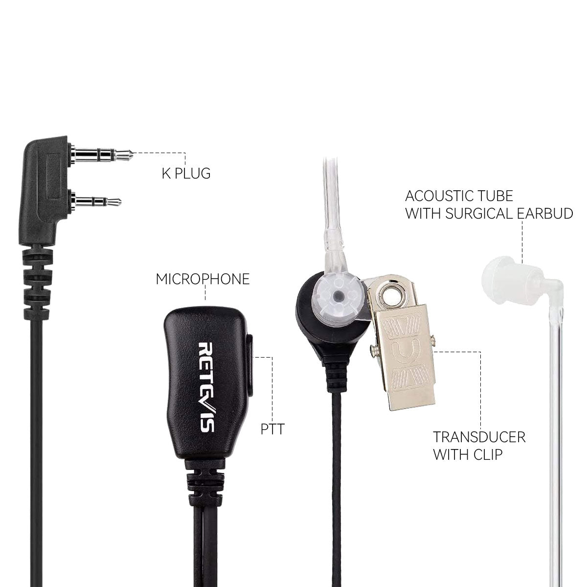 Walkie Talkie Earpiece 2 Pin Acoustic Tube Headset (20 Pack)