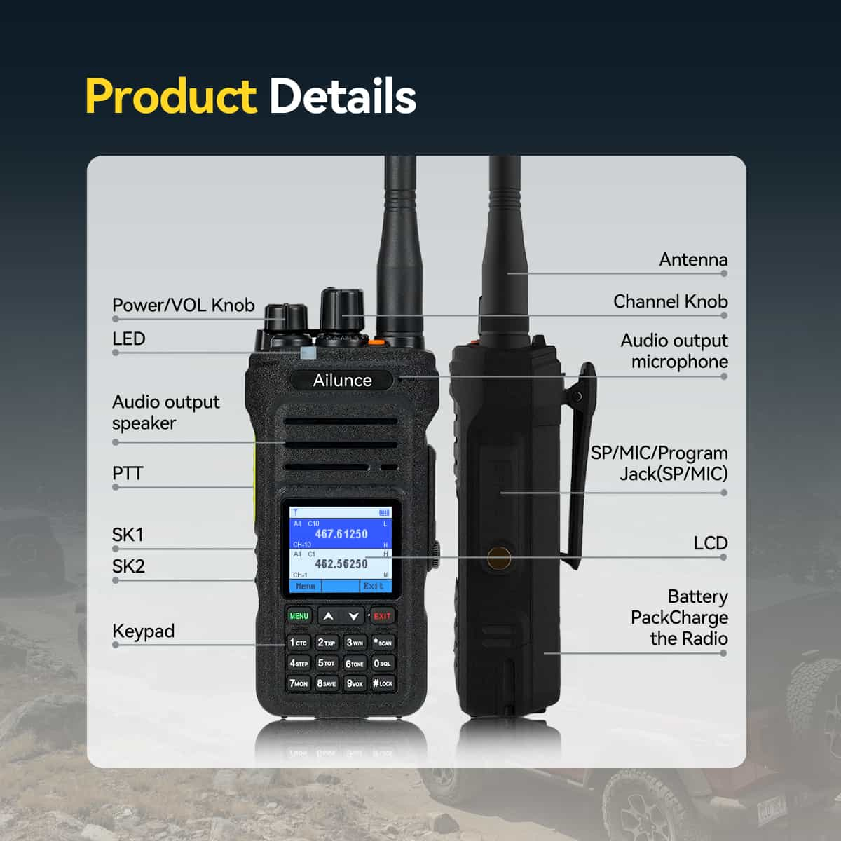 HA1G IP67 Waterproof 220 Customizable Channels GMRS Two Way Radio