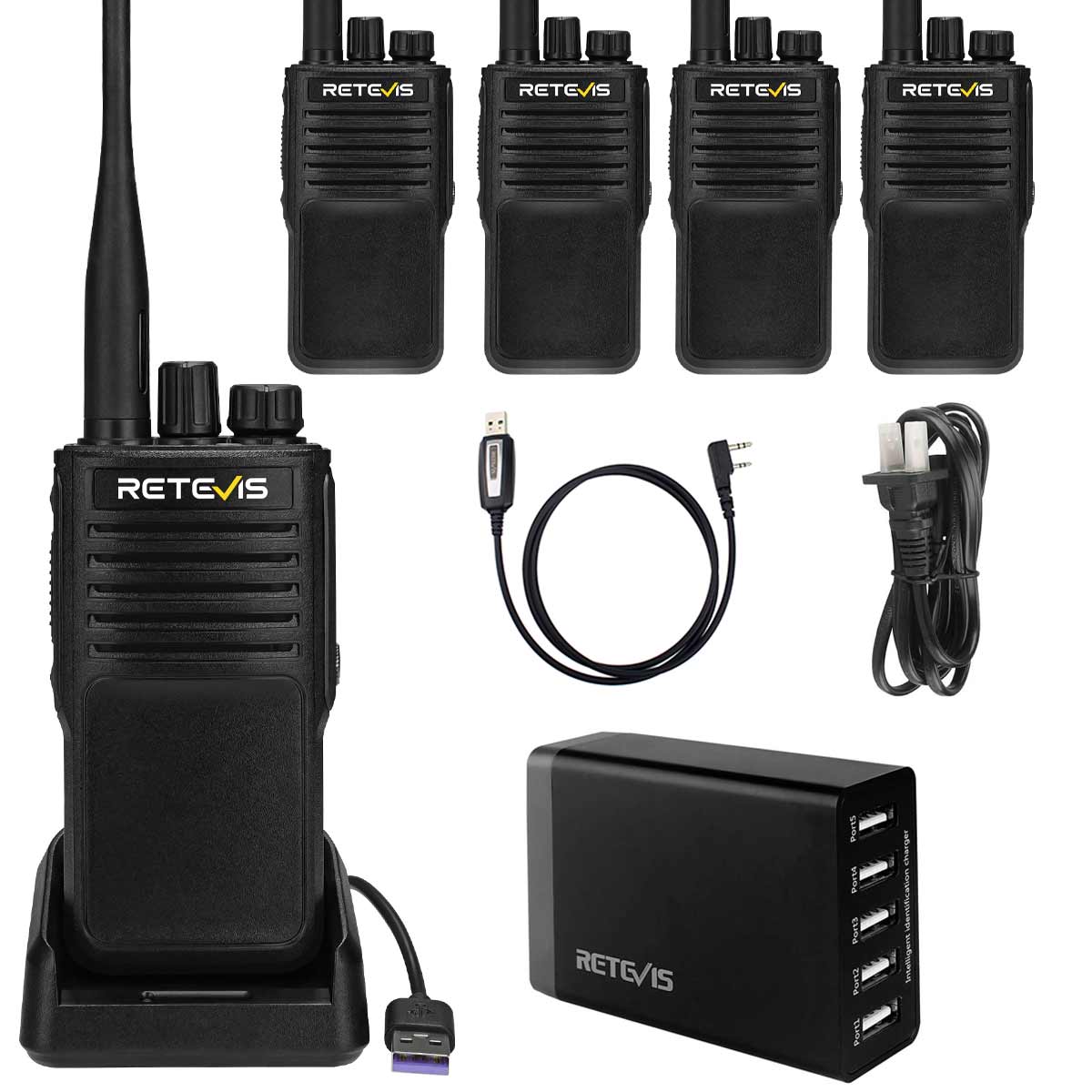 Retevis P62 Long Range Handheld Radio (5 Pcs)+5-Port USB Charger