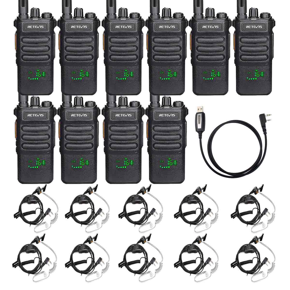 RT86 Handheld Commercial Walkie Talkie with Covert Acoustic Tube Earpiece Headset 10Pack